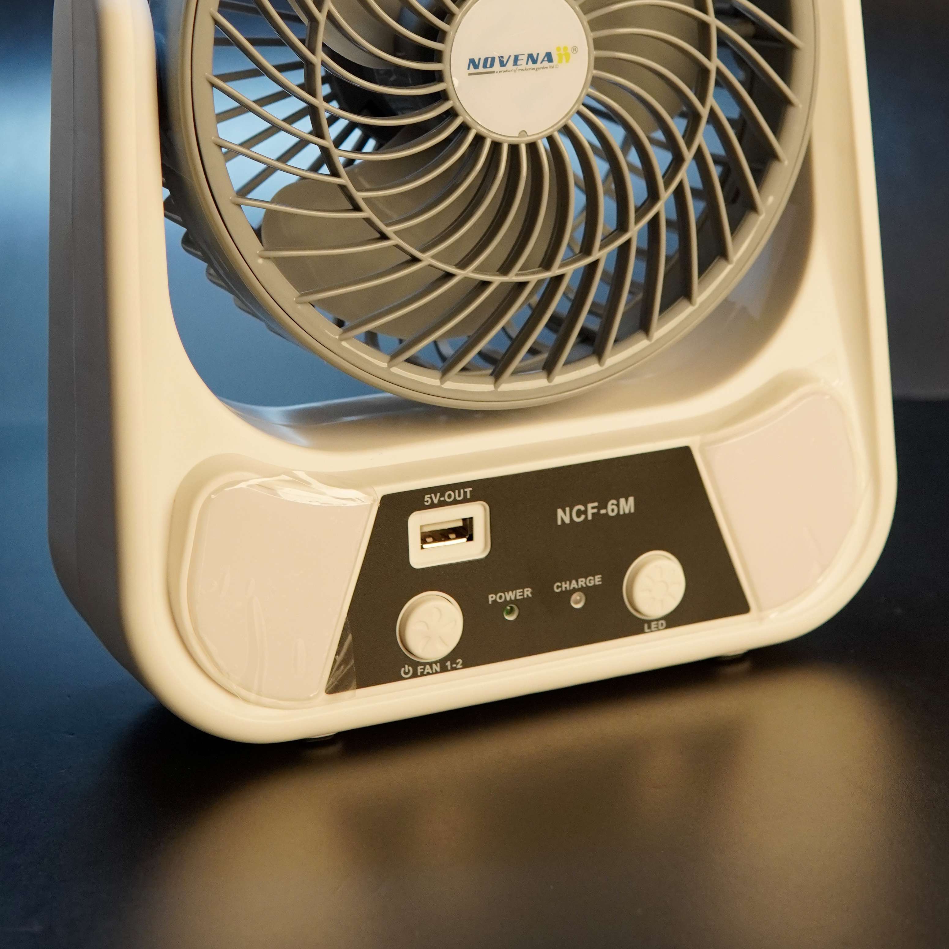 Novena NCF-6M 6" USB Rechargeable Mini Fan with 26-LED Night Light – 3000mAh Battery, High/Low Speed, Type-C & Solar Charging, 5V USB Output