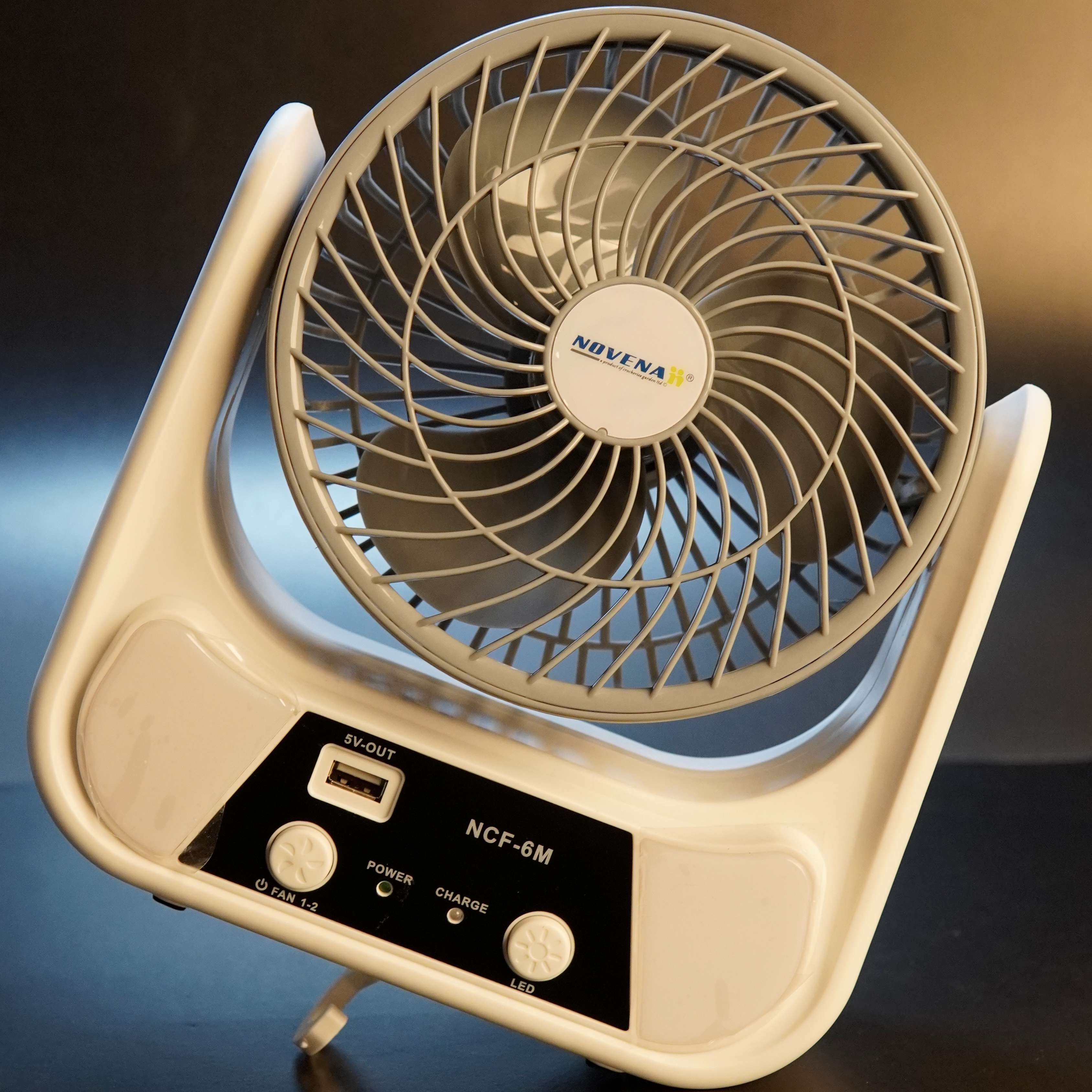Novena NCF-6M 6" USB Rechargeable Mini Fan with 26-LED Night Light – 3000mAh Battery, High/Low Speed, Type-C & Solar Charging, 5V USB Output