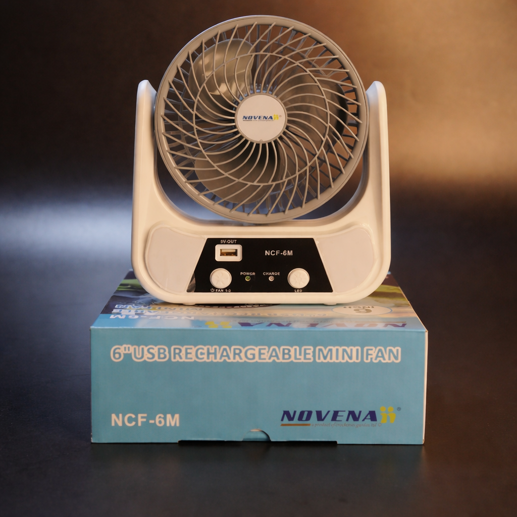 Novena NCF-6M 6" USB Rechargeable Mini Fan with 26-LED Night Light – 3000mAh Battery, High/Low Speed, Type-C & Solar Charging, 5V USB Output
