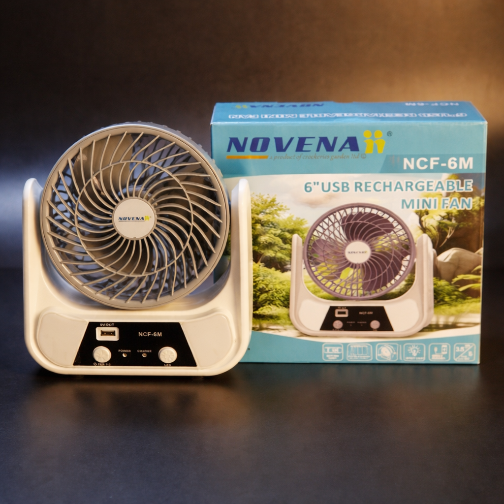 Novena NCF-6M 6" USB Rechargeable Mini Fan with 26-LED Night Light – 3000mAh Battery, High/Low Speed, Type-C & Solar Charging, 5V USB Output