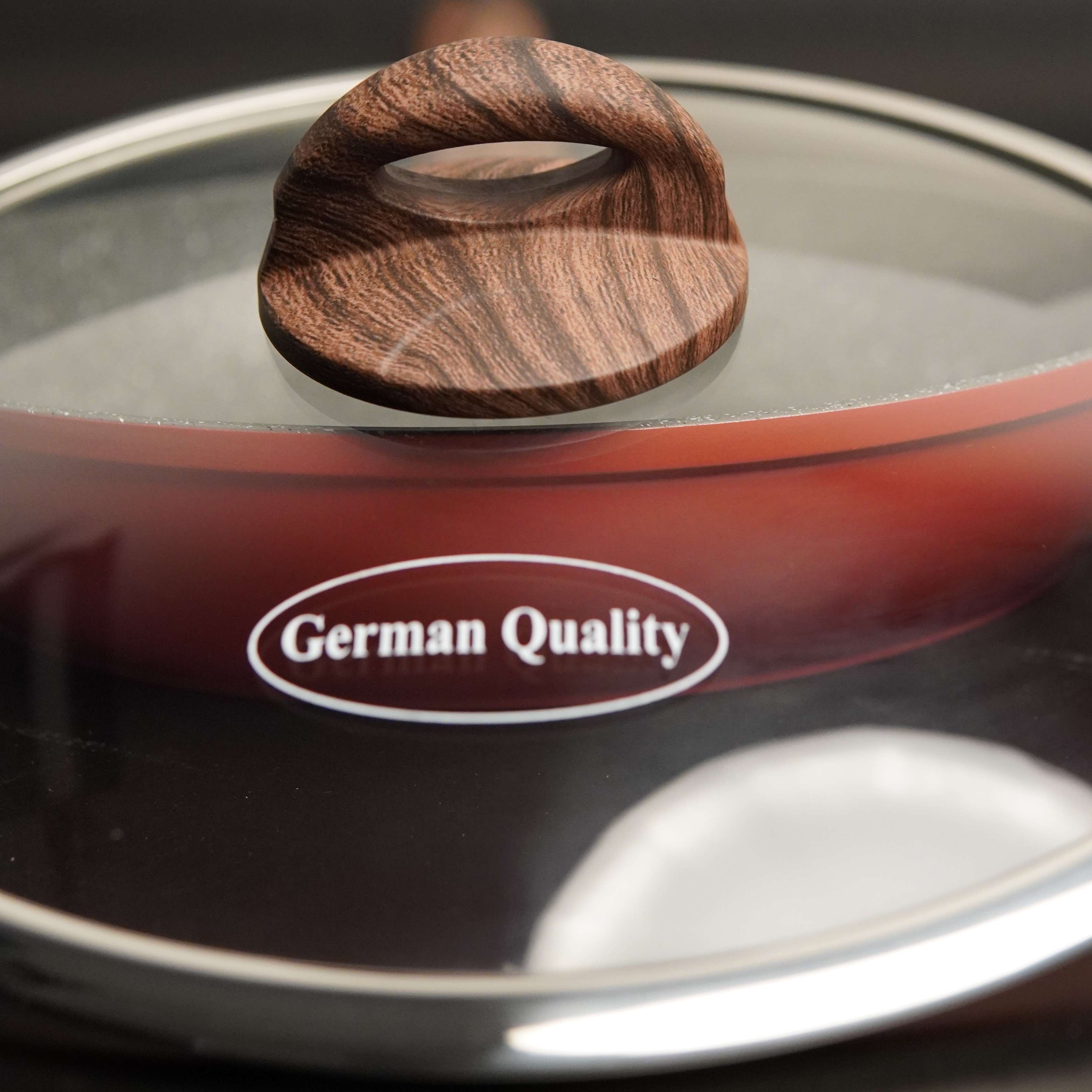Novena Magic Non-Stick Cookware Fry Pan with Glass Lid – 26cm, Induction Compatible, Granite-Effect Coating, Wood-Style Handle | German Quality