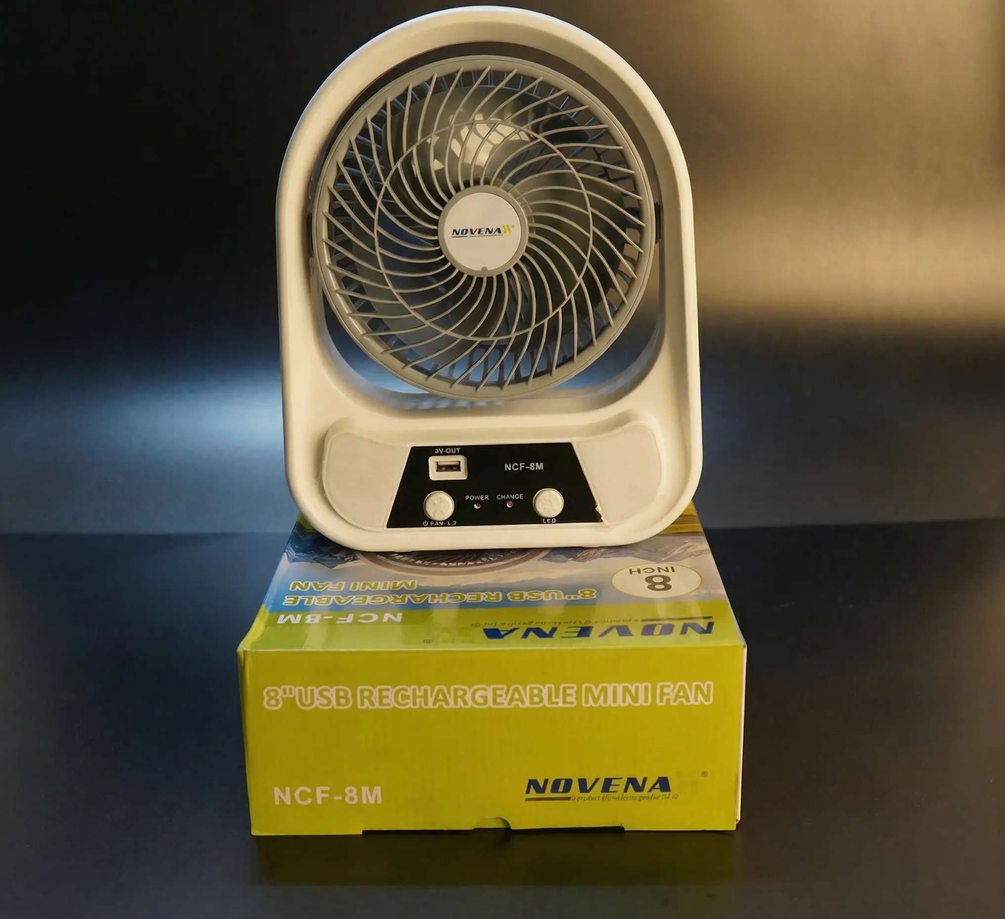 Novena NCF-8M 8" USB Rechargeable Mini Fan with 26-Piece LED Night Light, 4500mAh Battery, High/Low Speed & Portable Handle