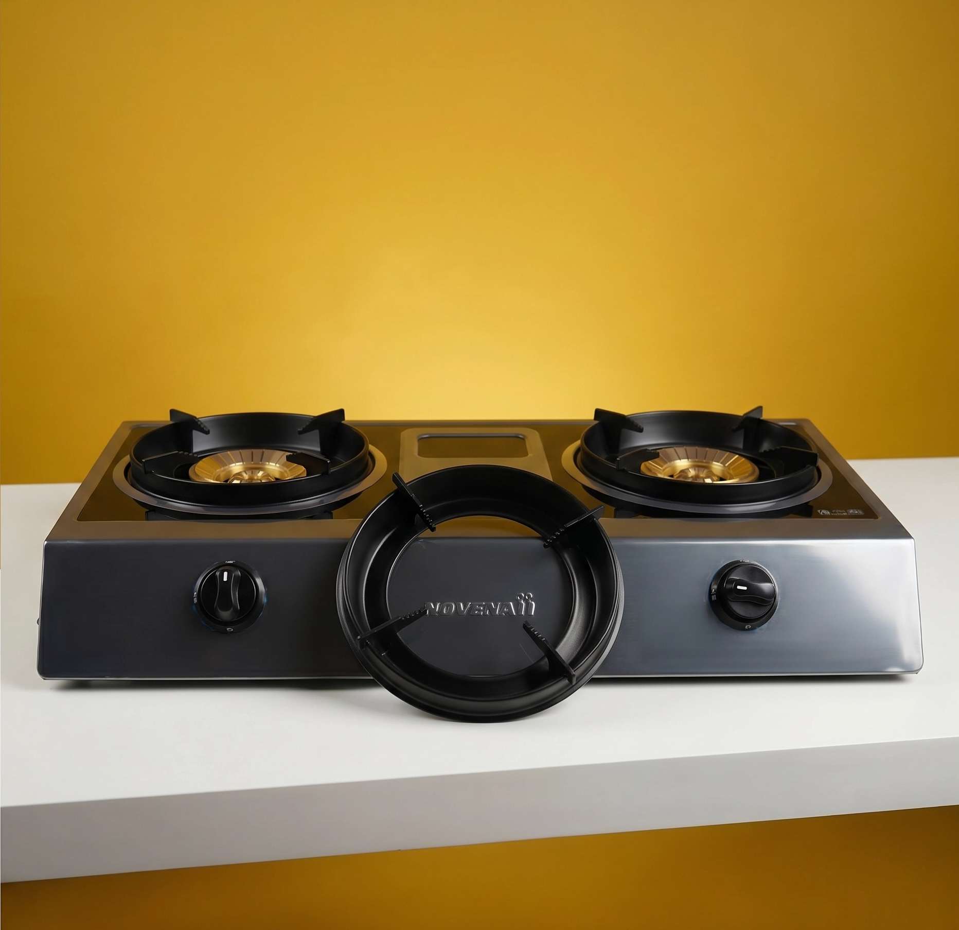 NOVENA NGB-6811S Superior Gas Stove - 2 Burner with Auto Ignition, Colored Steel Body & Glass Top