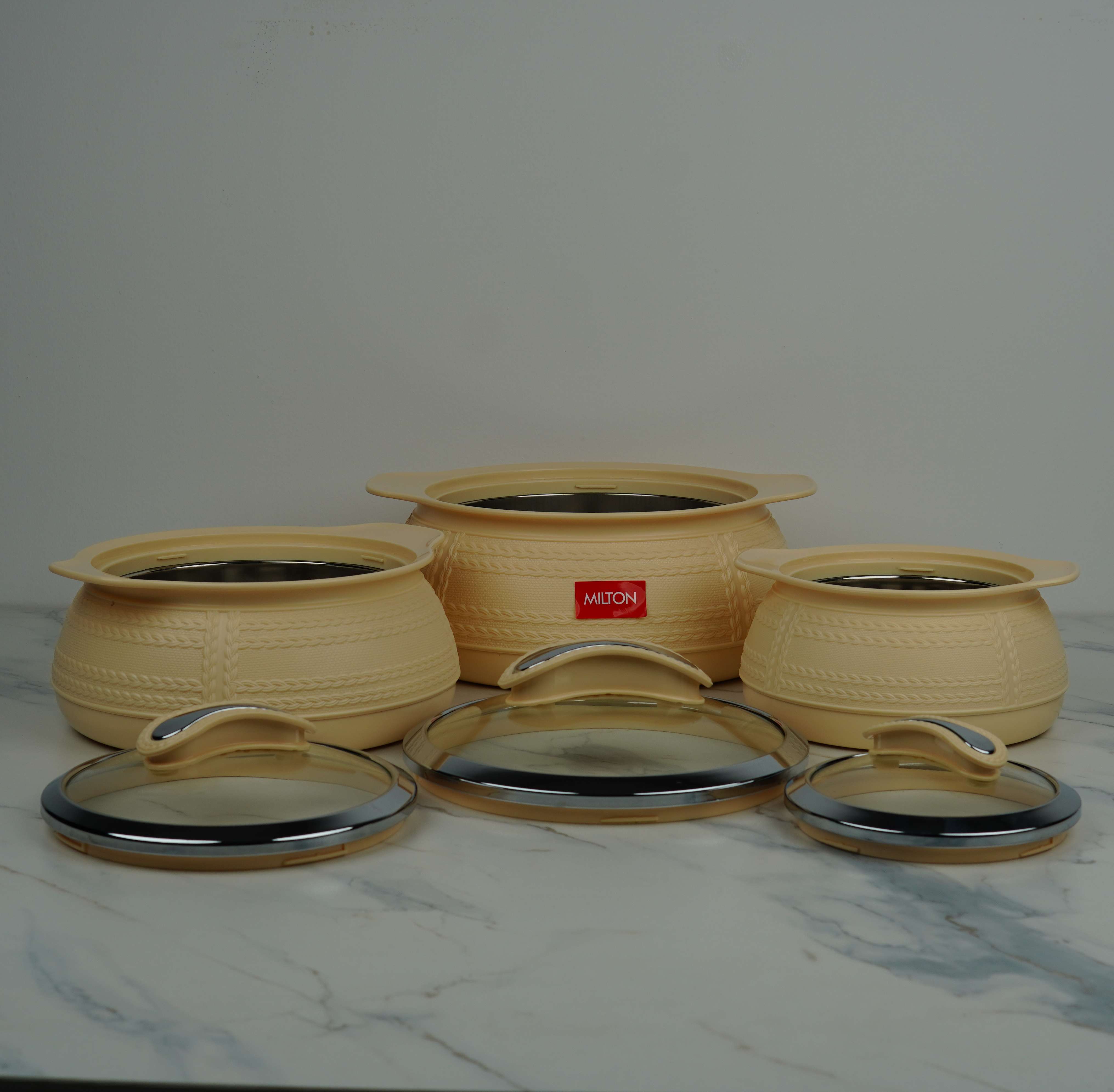 MILTON WEAVE Thermoware Insulated Casserole Set - 3 Piece (1000ml/1500ml/2500ml) | 6 Hour Hot & Cold | Steel Liner