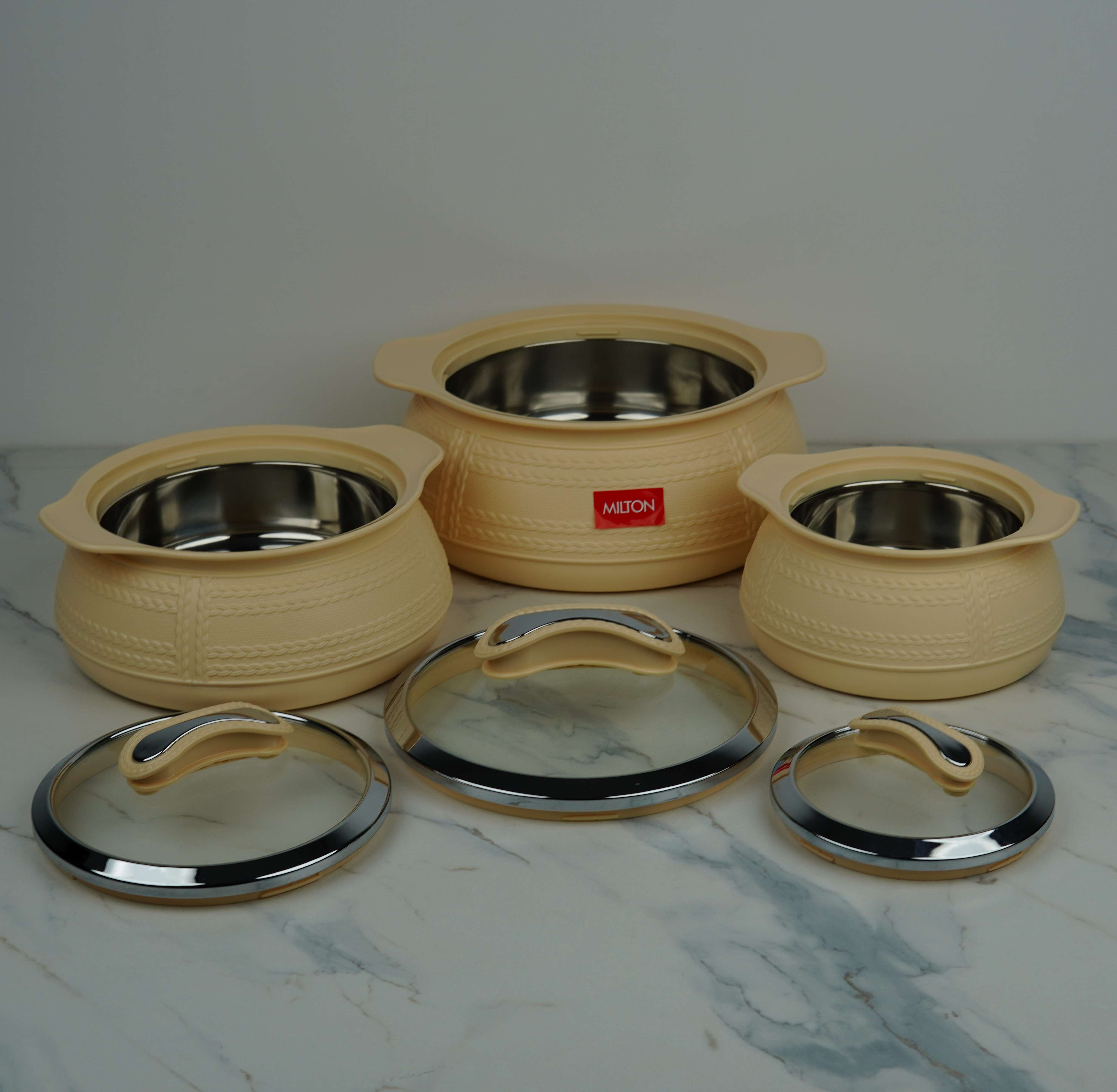MILTON WEAVE Thermoware Insulated Casserole Set - 3 Piece (1000ml/1500ml/2500ml) | 6 Hour Hot & Cold | Steel Liner