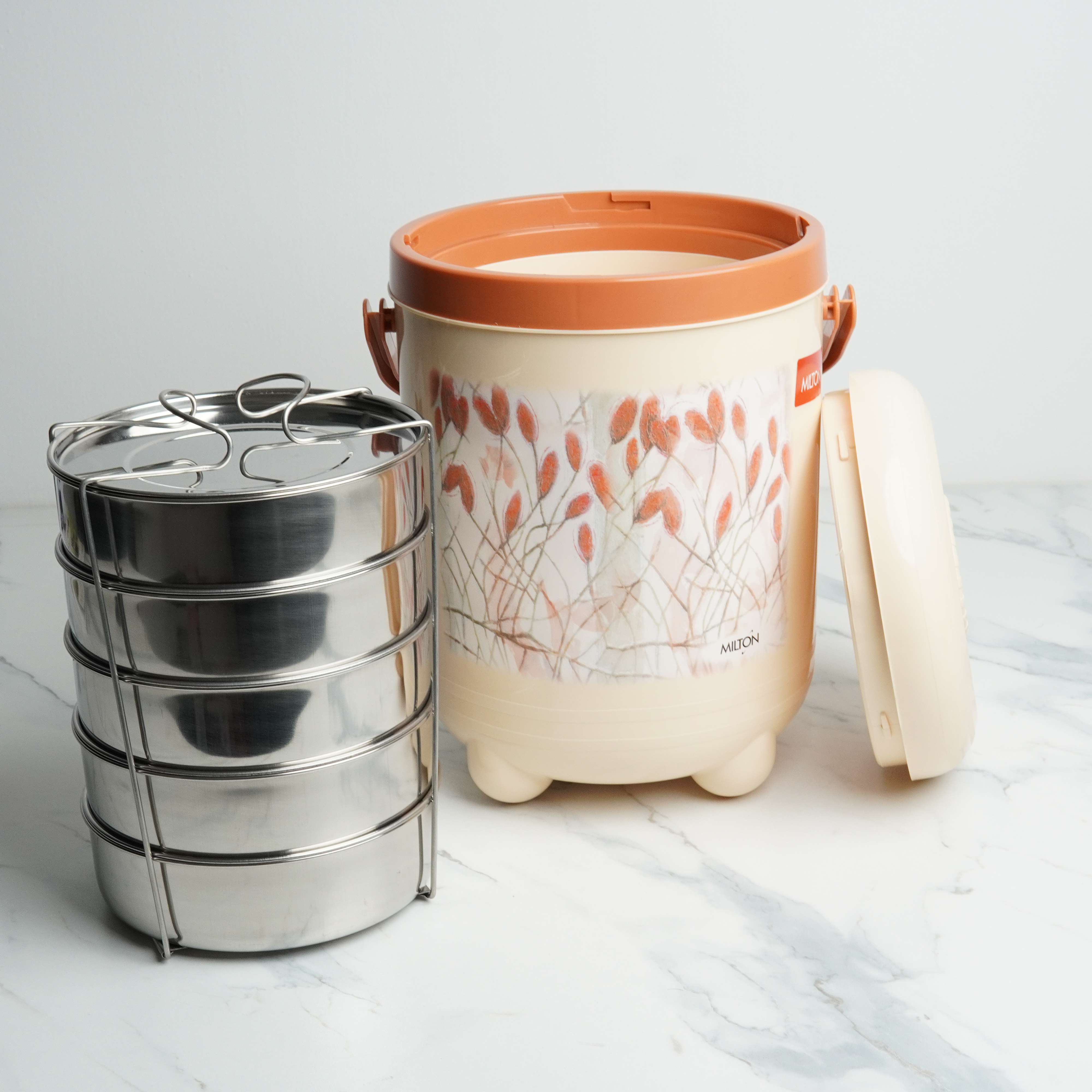 Milton Trojan 5 PU Insulated Tiffin – 5 Stainless Steel Containers with Lifter, BPA-Free, and Food Grade Virgin Plastic