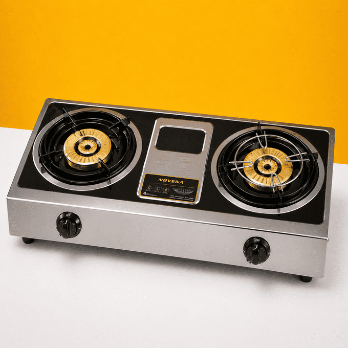 NOVENA NGB-6811S Superior Gas Stove - 2 Burner with Auto Ignition, Colored Steel Body & Glass Top