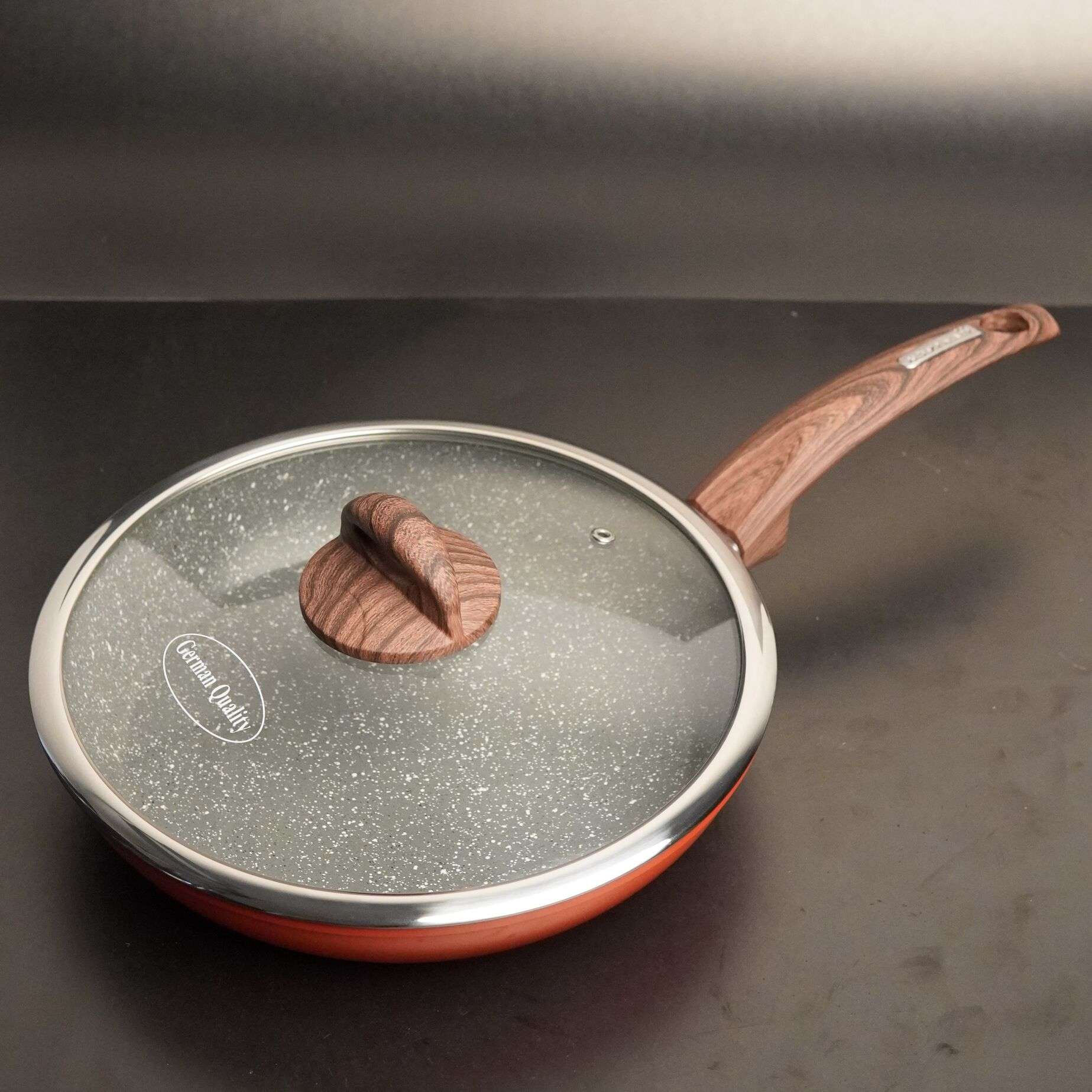 Novena Magic Non-Stick Cookware Fry Pan with Glass Lid – 26cm, Induction Compatible, Granite-Effect Coating, Wood-Style Handle | German Quality