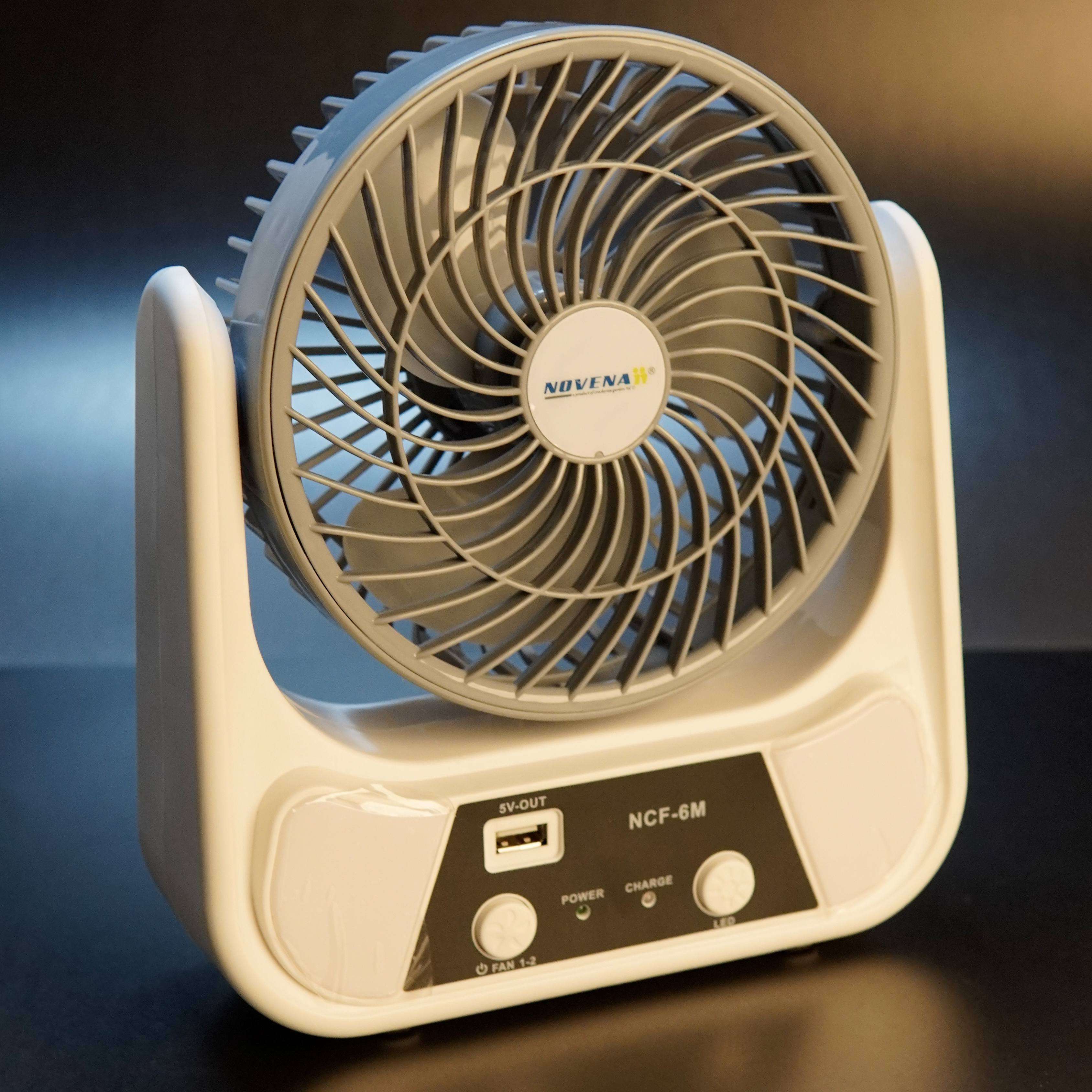 Novena NCF-6M 6" USB Rechargeable Mini Fan with 26-LED Night Light – 3000mAh Battery, High/Low Speed, Type-C & Solar Charging, 5V USB Output